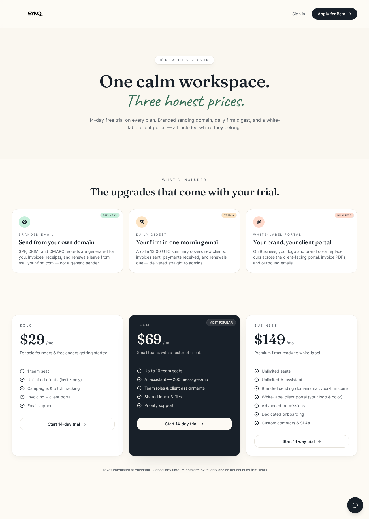 SYNQ pricing page